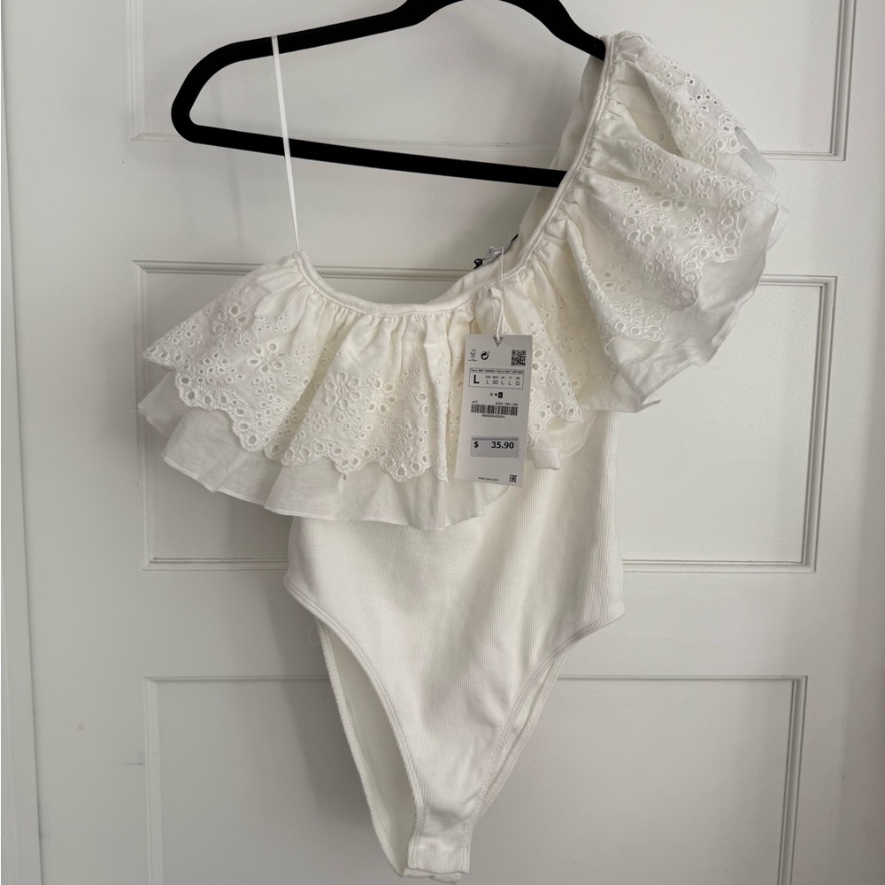 Zara White Eyelet Ruffle One-Shoulder Bodysuit